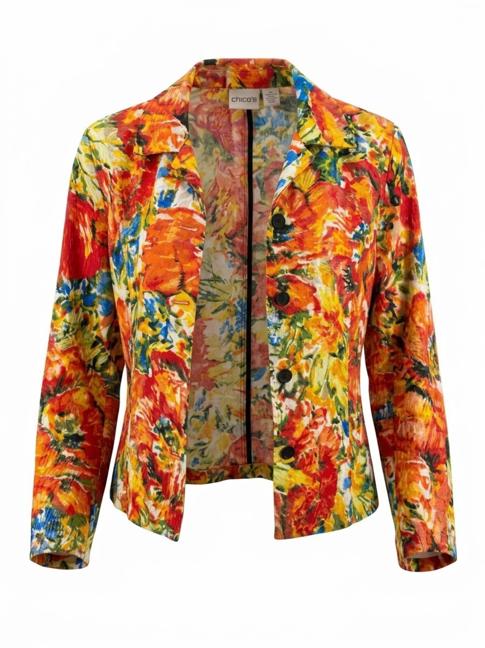 Chico’s Vibrant Button Jacket Floral Abstract Silk Blend Small